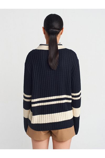 Dilvin 10695 Polo Neck Striped Buttoned Knitwear Sweater-Navy