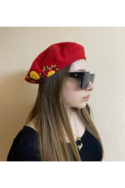 sema aksesuar Valentine's Day Gift Handmade Zircon Stone Yellow Flower Embroidered Design Red Painter Beret