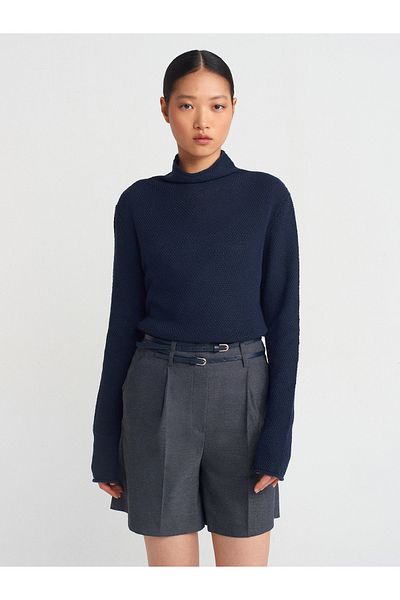 Dilvin 10681 Stand Collar Thin Textured Knitwear Sweater-Navy