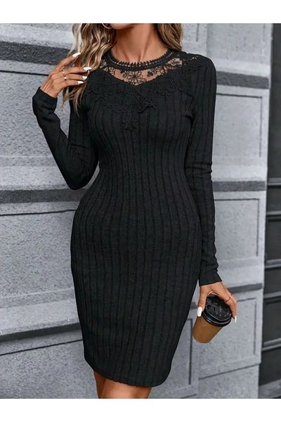 İpeksi Silky Women's Long Sleeve Lace Collar Detail Short Hooded Dress