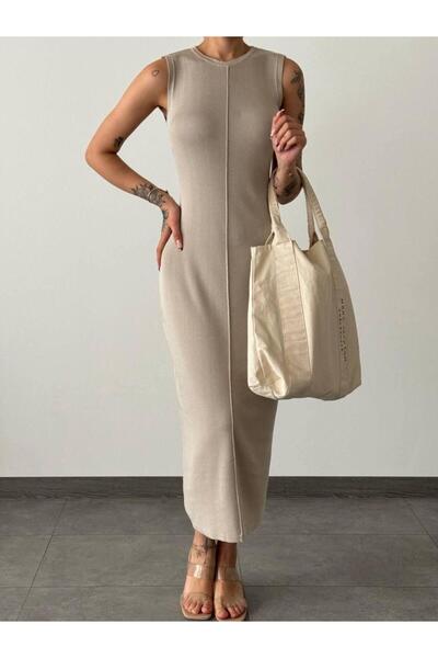 Kaktüs Kolsuz Midi Boy 130 cm Bisiklet Yaka Mevsimlik Gri Triko Elbise