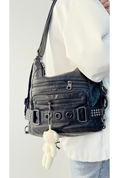 Just Polo Siyah  kadın Çok Bölmeli ithal Yıkamalı Omuz Ve Sırt Çantası