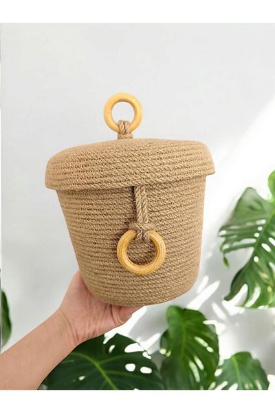 COLLESSİA Wooden Ring Detailed Jute Straw 20x18 Cm Basket Straw Box Decorative Straw Box Jute Rope