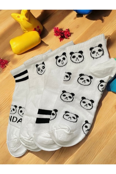 ZvM Women's 4-Piece Panda Patterned Black and White Half Combed Cotton Socks