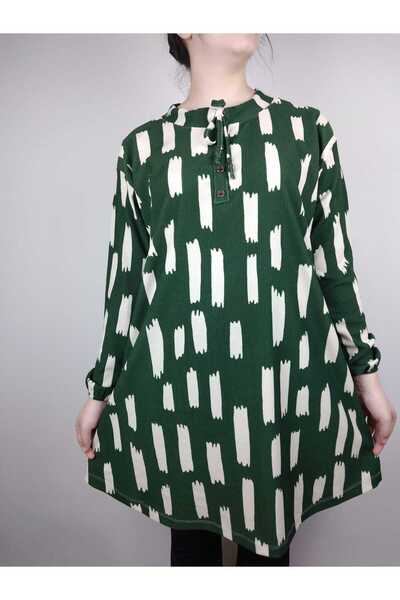 YAŞAR TRİKO Жіноча зелена туніка з коміром на ґудзиках, довгими рукавами, манжетами на зап'ястях та овальною спідницею з підбором.