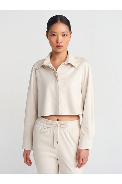 Dilvin 50493 Cămașă Crop Bej din piele intoarsa - Drapat
