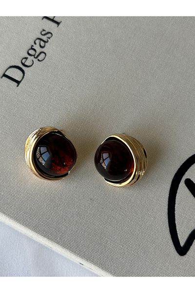 ringbox Gold Round Brown Stone Earrings