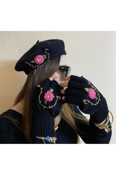 sema aksesuar Valentine's Day Gift Zircon Stone Flower Embroidered Black Painter Beret and Fingerless Gloves Set