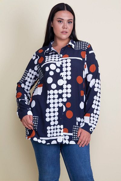 Şans Women's Large Size Navy Blue Front Buttoned Patterned Shirt 65n18304