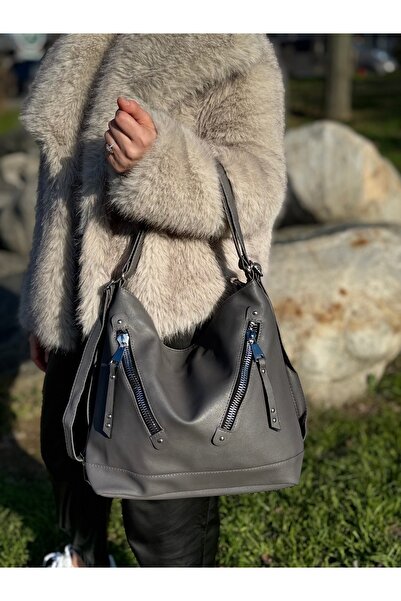 DEV 3 ADAM Сіра м'яка шкіряна жіноча сумка через плече та рюкзак