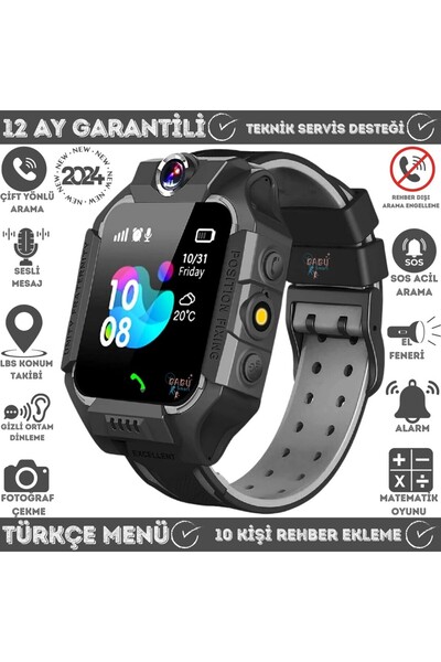 Saatistan Çocuklar İçin Uzaktan Dinleme ve Kameralı Güvenli Takip Saati, Siyah