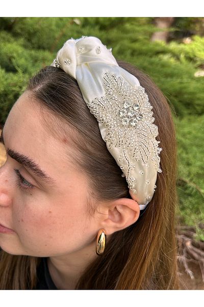 ByMerve Rochie de seară din satin pentru femei, piatră albă, accesorii pentru coroana de păr pentru nuntă