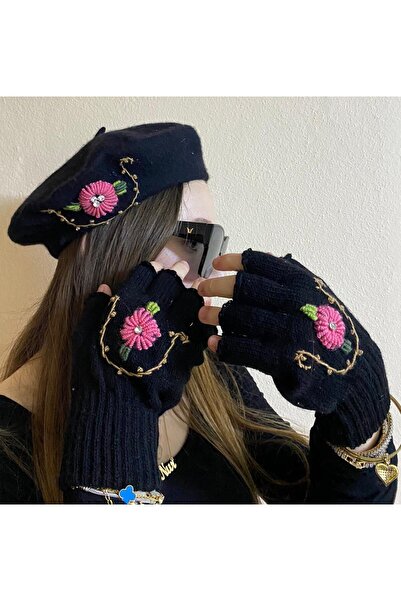 sema aksesuar Valentine's Day Gift Zircon Stone Flower Embroidered Black Painter Beret and Fingerless Gloves Set