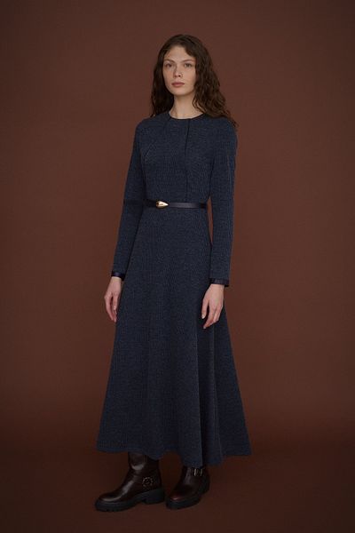 Nihan Navy Blue Belted Knitted Dress