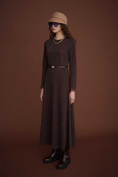 Nihan Brown Knitted Dress - Belt Detail