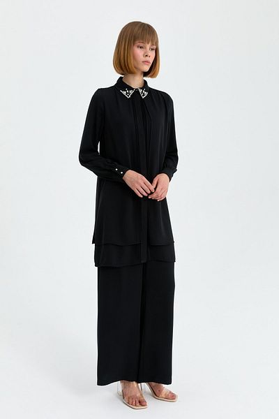 Nihan Ribbed and Stone Detailed Trousers Tunic Suit Black