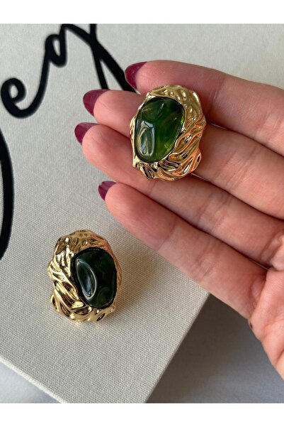 ringbox Gold Desenli Yeşil Taşlı Küpe