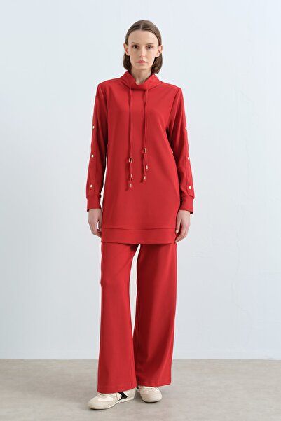 Nihan Çakma Detaylı Örme Pantolon Tunik Takım Kiremit