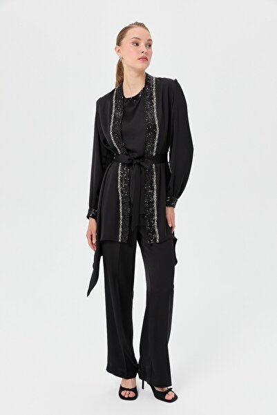 Nihan Payetli Pantolon Ceket Takım Siyah