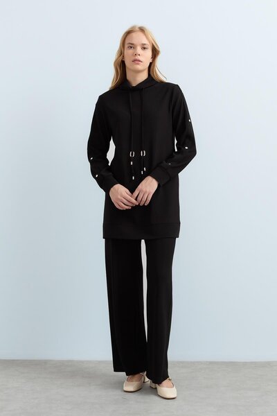 Nihan Çakma Detaylı Örme Pantolon Tunik Takım Siyah