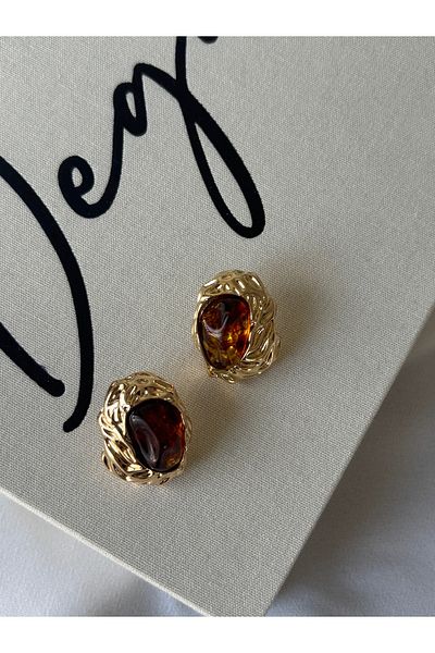 ringbox Gold Patterned Brown Stone Earrings