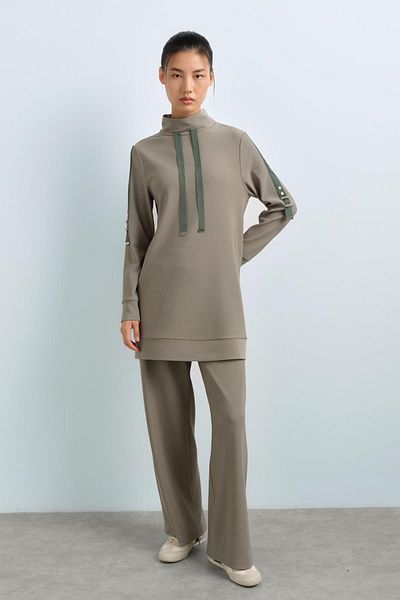 Nihan Green Sleeve Detailed Knitted Trousers and Tunic Set