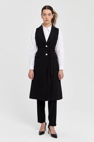 Nihan Black Stone Buttoned Striped Vest & Pants Set