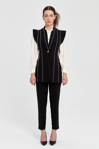 Nihan Stone Embroidered Vest Trousers, Stylish Black Set