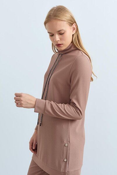 Nihan Taşlı Düğme Detaylı Dik Yaka Örme Pantolon Tunik Takım Vizon