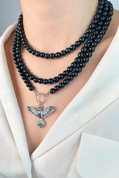 Sose Moda Silver Phoenix Triple Pearl Necklace - Black