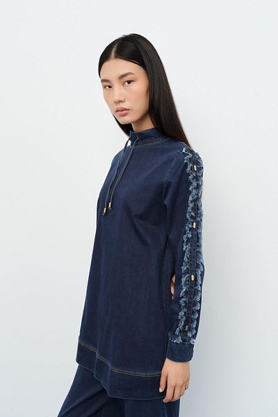 Nihan Denim Trousers Tunic Suit - Indigo Color with Crispy Sleeves