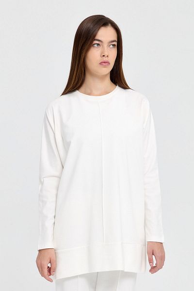 Nihan Ecru Color Cotton Ribbed Knitted Pants and Tunic Set