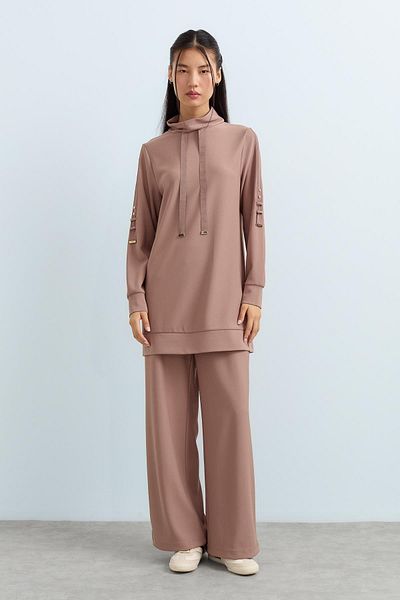 Nihan Sleeve-Detailed Knitted Trousers, Tunic Suit Mink
