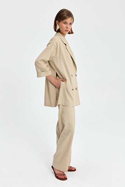 Nihan Stone Colored Linen Double Breasted Jacket and Trousers Set