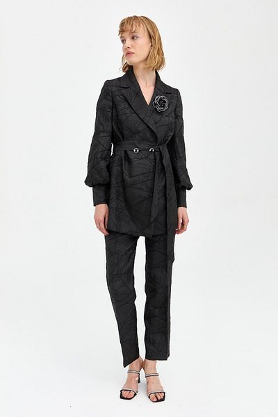 Nihan Black Trousers with Jacquard Stone Accessories - Jacket Set