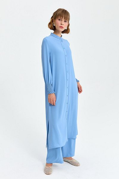 Nihan Comfortable Pants Tunic Set - Light Blue, Elastic Sleeves
