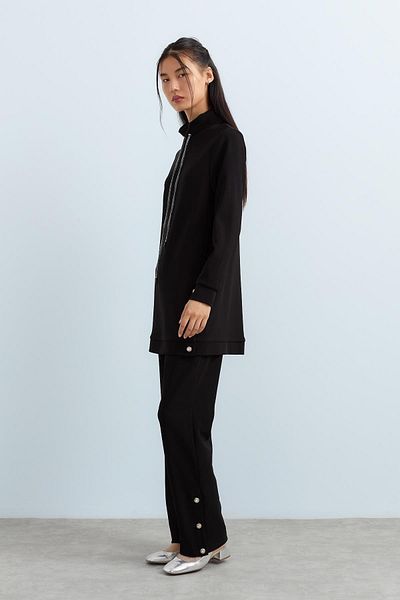 Nihan Black Minute Stone Button Stand Collar Knitted Trousers Tunic Suit