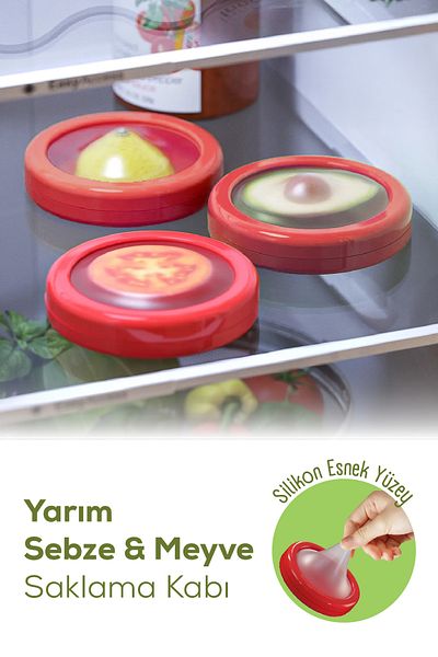 Vienev Half Fruit and Vegetable Preservation Set for 3 Pieces of Refrigerator - Lemon, Onion, Tomato Storage Box Red