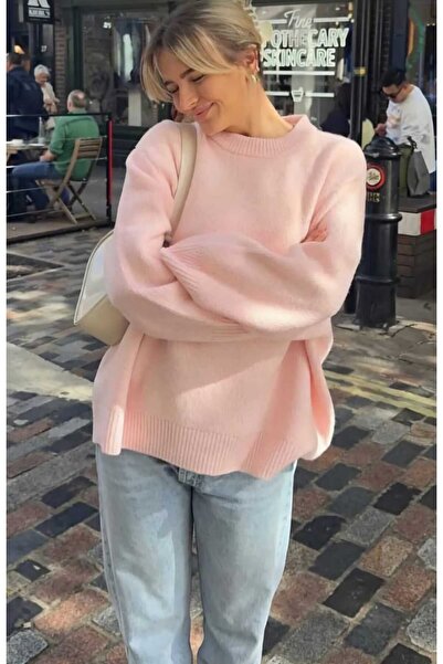 trikomode Pembe Bisiklet Yaka Oversize Triko Kadın Kazak
