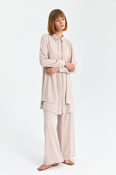 Nihan Trousers Tunic Suit - Ribbed and Stone Detailed