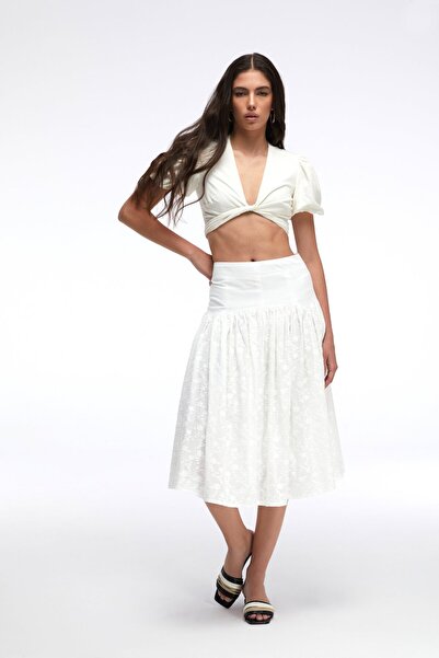 By Mare Style Marjo-Safe Cotton Floral Guipure Pattern Midi White Skirt