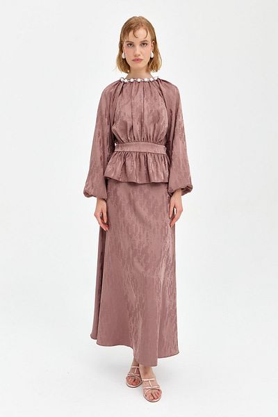 Nihan Beige Pearl Stone Detailed Skirt Blouse and Evening Dress Set