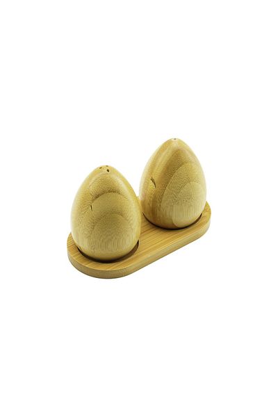 FRD GROUP 2 Pcs - Egg Model Wooden Bamboo Salt Shaker - with Spice Wooden Stand (5235)