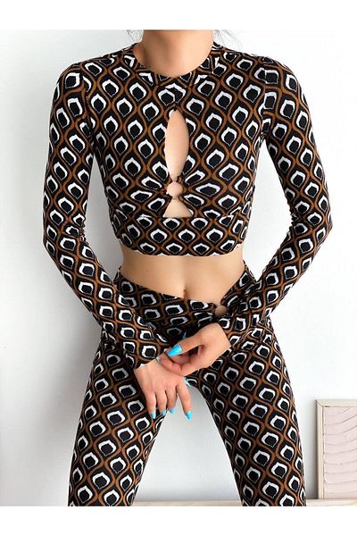 Bubble Women's Multi Patterned Chest Window Ring Detailed Crop Long Sleeve Brown Jacquard Double Set
