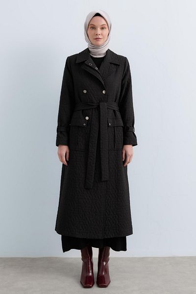 Nihan Slim Quilted Eyelet Detailed Trench Coat Black