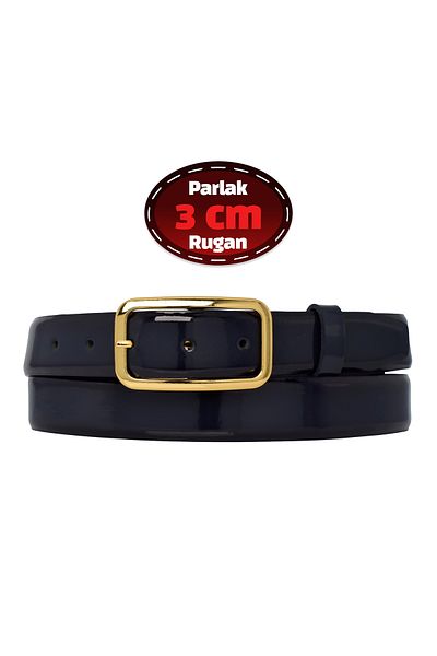 GoDeri Navy Blue Patent Leather 100% Genuine Leather - 3 cm Classic Women's Belt, Business Set - R50