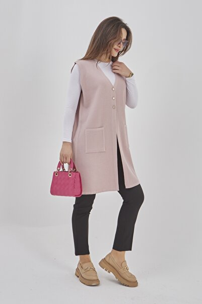 Elçelya Moda Kadın Triko Esnek Uzun Mevsimlik Düğmeli Yelek