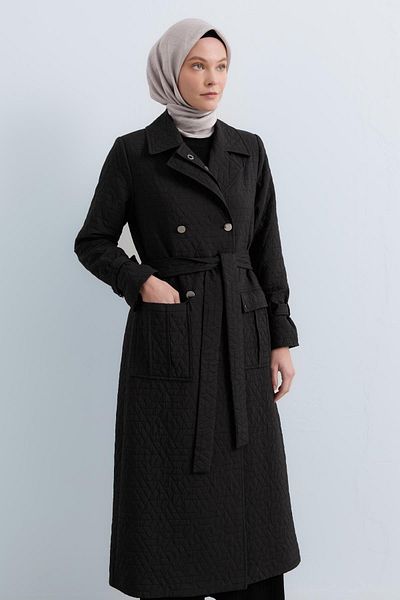 Nihan Slim Quilted Eyelet Detailed Trench Coat Black