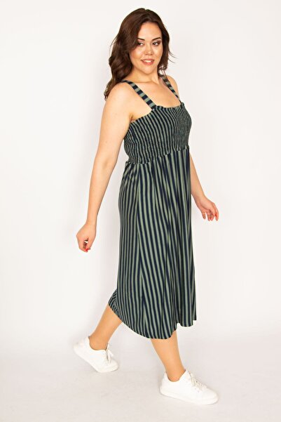Şans Women's Large Size Khaki Chest Part Gipe Elastic Strap Dress 65n33482
