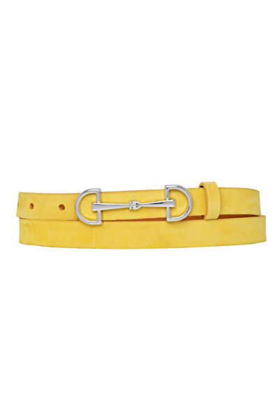 GoDeri 100% Genuine Soft Nubuck Leather, 2 cm Nubuck Yellow Women's Belt; Dress, Pants Belt D&Silver